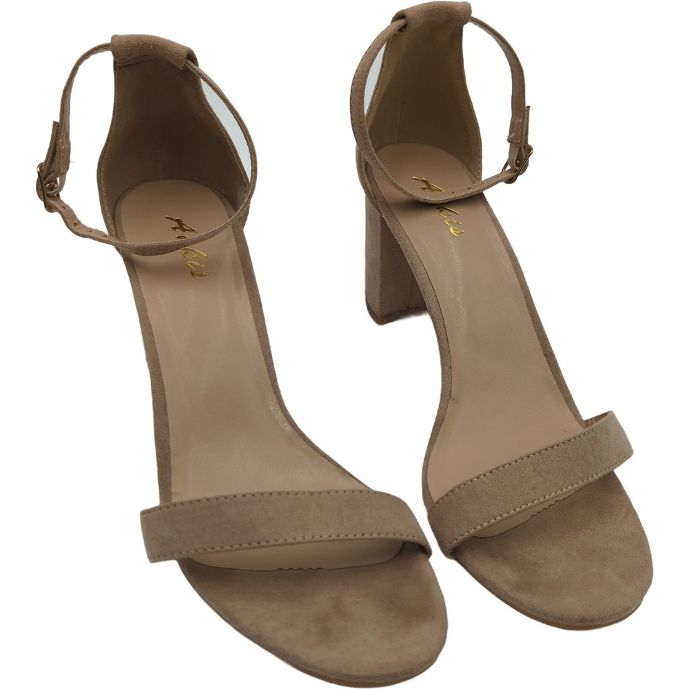 Ankis Nude Tan Faux Suede Block Heel Ankle Strap Sandals Size 10B Womens